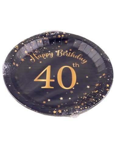 Piatti carta Cm. 23 - Happy Birthday 40th Black&Gold - Cf. 8 pezzi