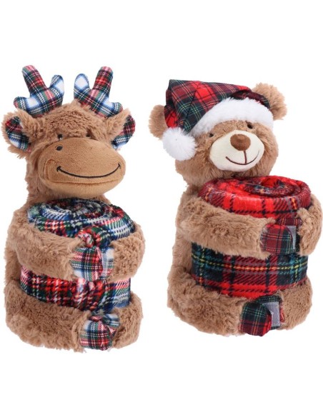 Peluche orsetto / renna con coperta flanella Cm. 75x100 natalizio - Modelli assortiti