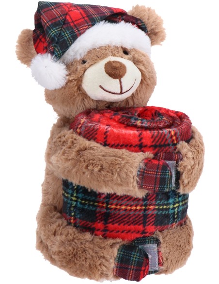 Peluche orsetto / renna con coperta flanella Cm. 75x100 natalizio - Modelli assortiti