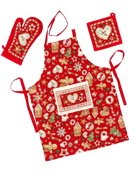 Set regalo 3 pezzi natalizio con grembiule + guanti + presina