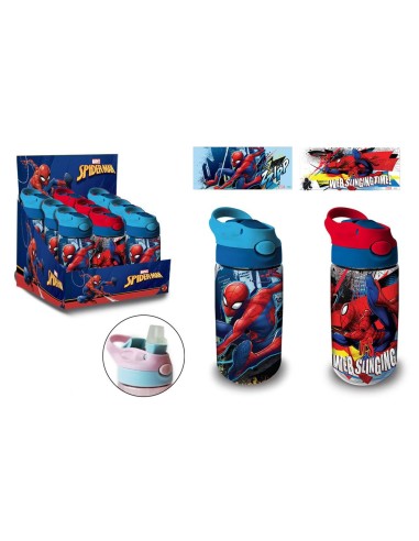 Borraccia trasparente con cannuccia a scatto e maniglia 480 ML - Spiderman