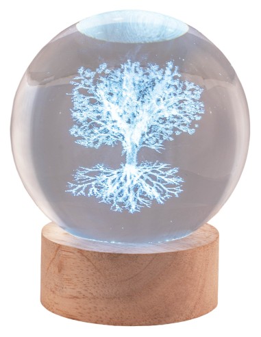 Sfera crystal grande Cm. 8 con base in legno e led - Albero della vita