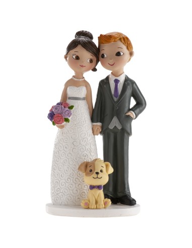Cake topper resina deluxe Cm. 16 - Coppia sposi con cane