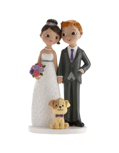 Cake topper resina deluxe Cm. 16 - Coppia sposi con cane