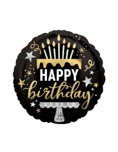 Palloncino mylar rotondo 18" Cm. 45 - Happy Birthday cake black
