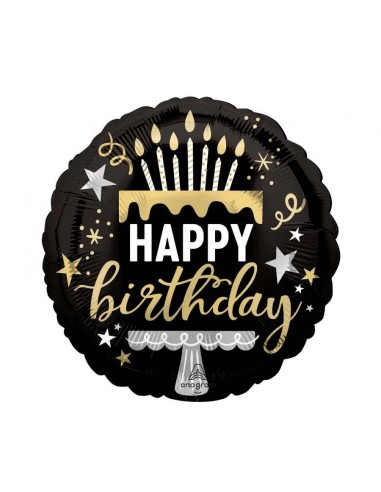 Palloncino mylar rotondo 18" Cm. 45 - Happy Birthday cake black