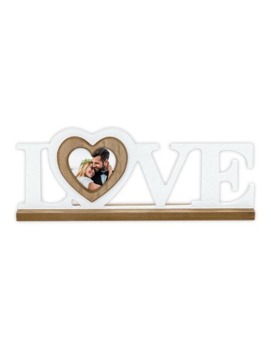 Scritta in legno "Love" Cm. 33x13 con cuore portafoto Cm. 7,8x7,8