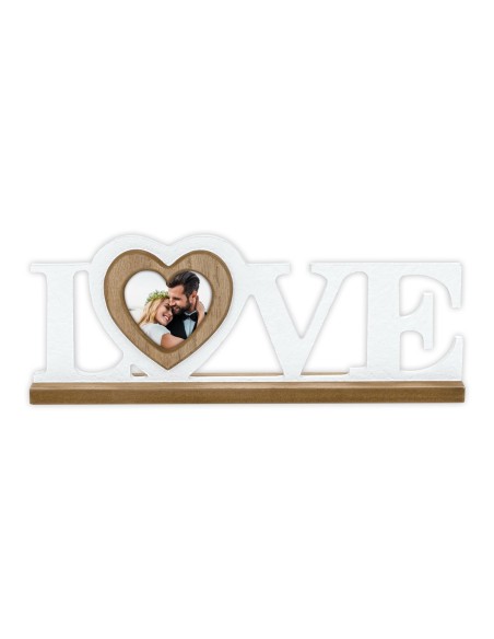 Scritta in legno "Love" Cm. 33x13 con cuore portafoto Cm. 7,8x7,8