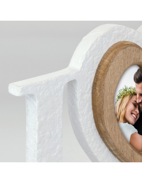 Scritta in legno "Love" Cm. 33x13 con cuore portafoto Cm. 7,8x7,8