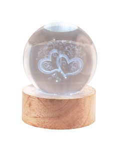 Sfera crystal media Cm. 6 con base in legno e led - Cuori stilizzati