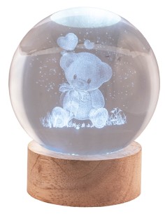 Sfera crystal grande Cm. 8 con base in legno e led - Orsetto