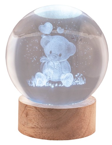 Sfera crystal grande Cm. 8 con base in legno e led - Orsetto