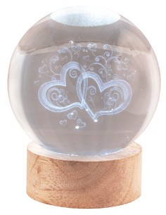 Sfera crystal grande Cm. 8 con base in legno e led - Cuori stilizzati