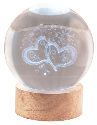 Sfera crystal grande Cm. 8 con base in legno e led - Cuori stilizzati
