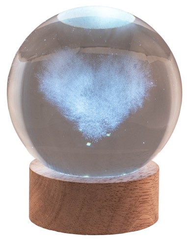 Sfera crystal grande Cm. 8 con base in legno e led - Cuore nuvola