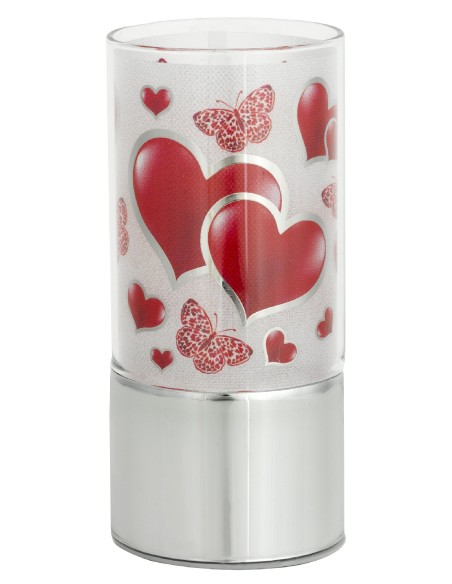 Lampada cilindro vetro deluxe "Cuori incrociati" con led Cm. 15x7 in scatola regalo