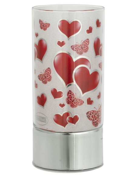 Lampada cilindro vetro deluxe "Cuori incrociati" con led Cm. 15x7 in scatola regalo