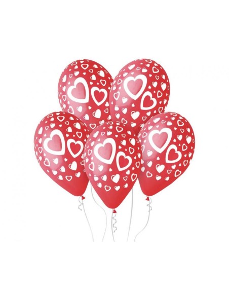 Palloncini in lattice 12’’ Cm. 30 rossi c/cuori bianchi – Blister 5 pz