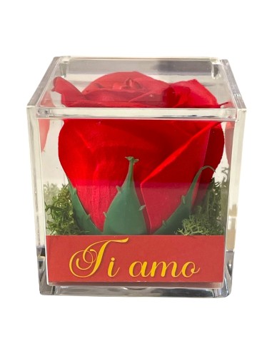 Rosa di sapone rossa Cm. 6 in scatolina plexiglass con apertura Cm. 6x6x6 - Love - Scritte assortite