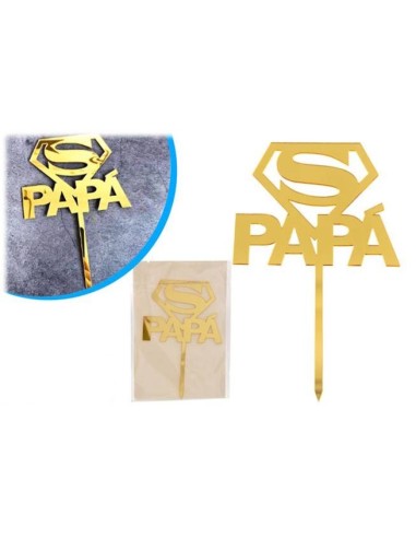 Cake topper dorato «Super Papà» Cm. 10x15