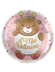 Palloncino mylar 18'' Cm. 45 - Rotondo - Il mio Battesimo orsetto rosa