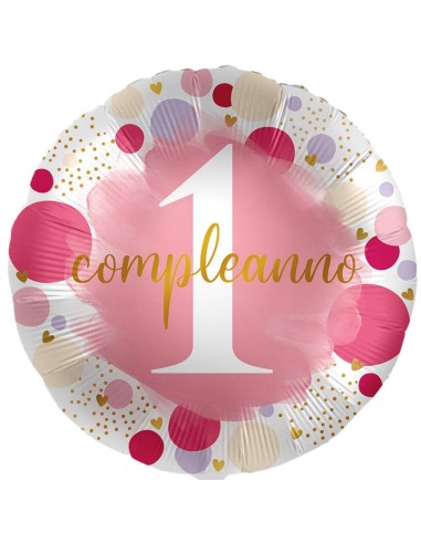 Palloncino mylar 18'' Cm. 45 - Rotondo - 1° Compleanno rosa