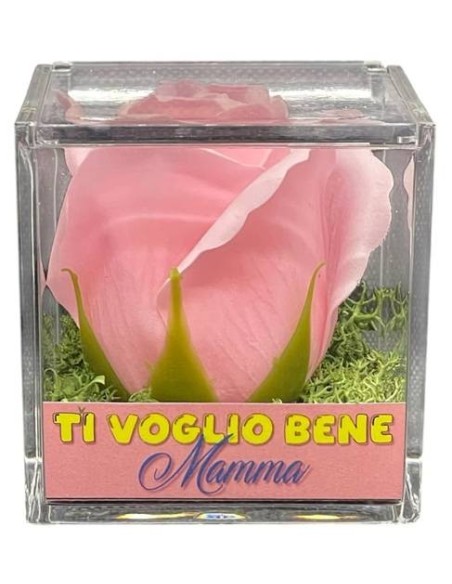 Rosa di sapone in scatola plex Cm. 6x6x6 - Rosa - Ti voglio bene Mamma