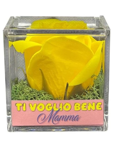 Rosa di sapone in scatola plex Cm. 6x6x6 - Gialla - Ti voglio bene Mamma