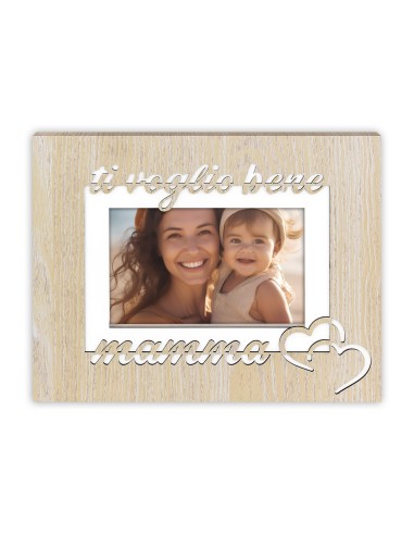 Portafoto in legno intarsiato "Ti voglio bene Mamma" Cm. 25x20 - Foto Cm. 10x15