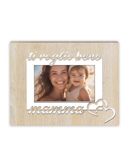Portafoto in legno intarsiato "Ti voglio bene Mamma" Cm. 25x20 - Foto Cm. 10x15