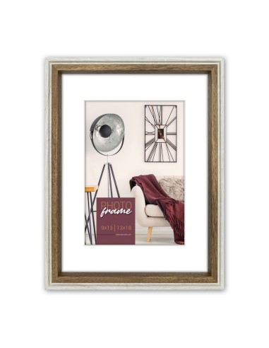 Portafoto in legno bianco e marrone con passepartout Cm. 16x21 - Foto Cm. 9x13 o 13x18