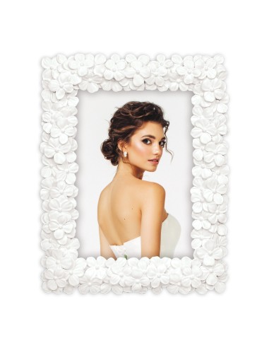 Portafoto in resina bianco con fiori 3D Cm. 19x24 - Foto Cm. 13x18