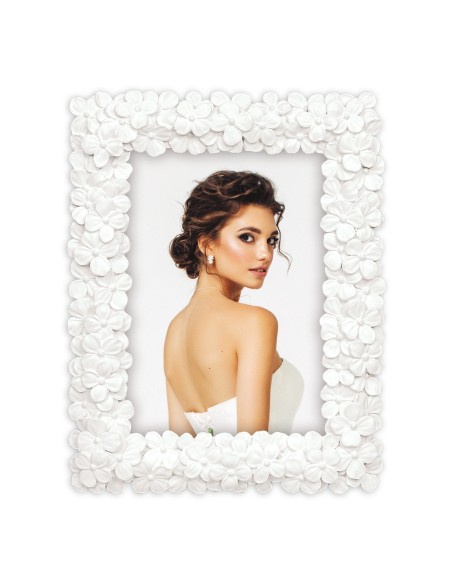Portafoto in resina bianco con fiori 3D Cm. 19x24 - Foto Cm. 13x18