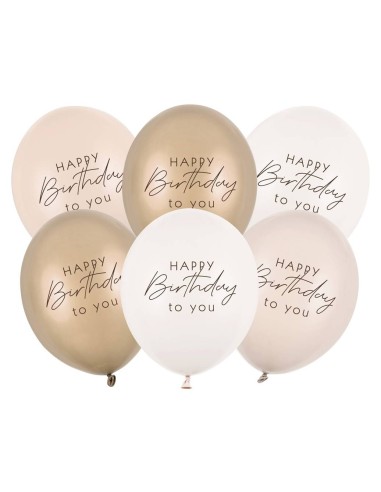 Palloncini in lattice Cm. 30 - Happy Birthday - Beige mix - Blister 6 pezzi
