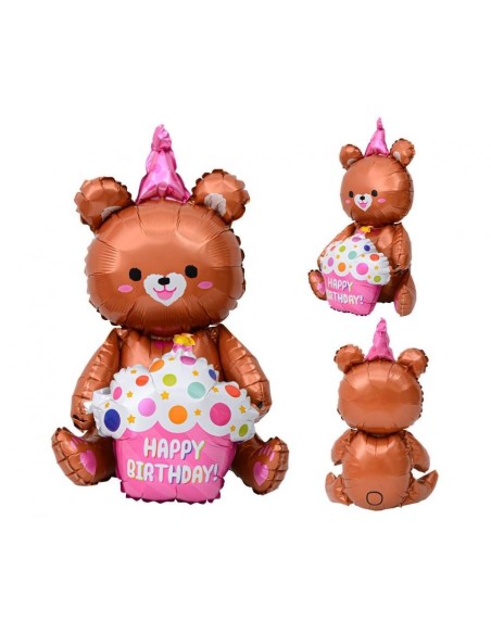 Palloncino mylar Cm. 58x42 - Orsetto con torta e cappellino