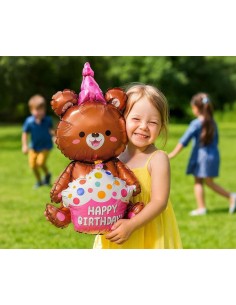 Palloncino mylar Cm. 58x42 - Orsetto con torta e cappellino 2