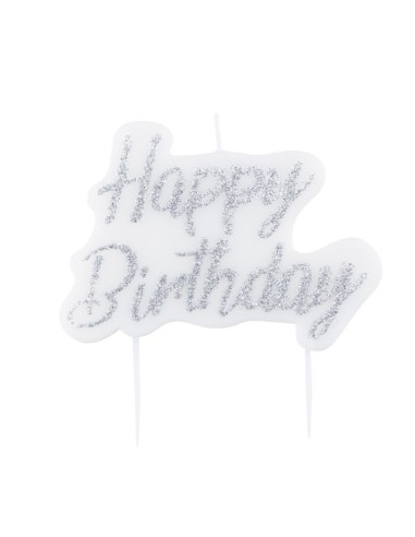 Candelina per torta scritta Happy Birthday glitter Cm. 8x6 - Silver