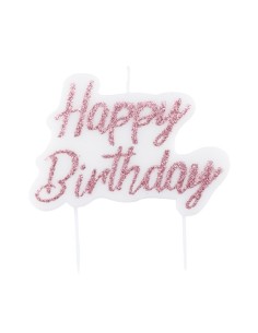 Candelina per torta scritta Happy Birthday glitter Cm. 8x6 - Rosa Gold
