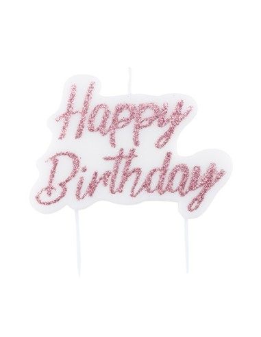 Candelina per torta scritta Happy Birthday glitter Cm. 8x6 - Rosa Gold