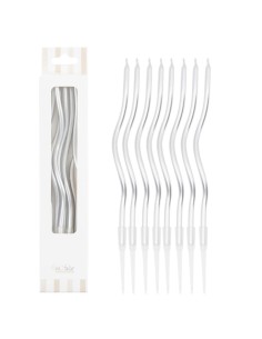 Candeline Curly con sostegno Cm. 12,5 - Blister 8 pz - Metal Argento Silver