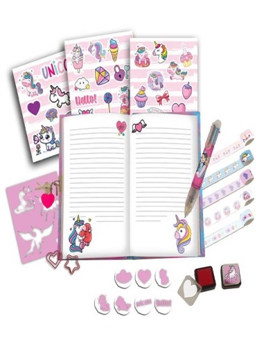 Set Agenda con timbrini, penna 6 colori - Unicorno