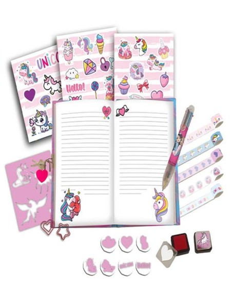 Set Agenda con timbrini, penna 6 colori - Unicorno