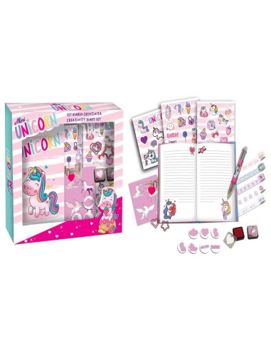 Set Agenda con timbrini, penna 6 colori - Unicorno