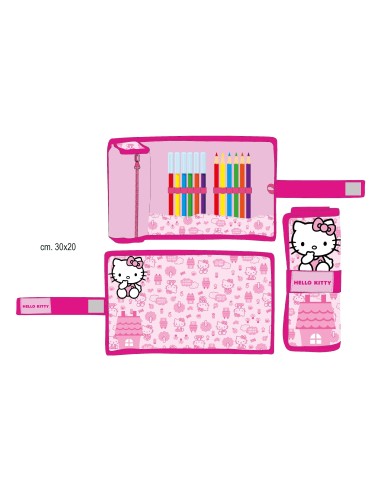 Astuccio roll con matite colorate e pennarelli - Hello Kitty