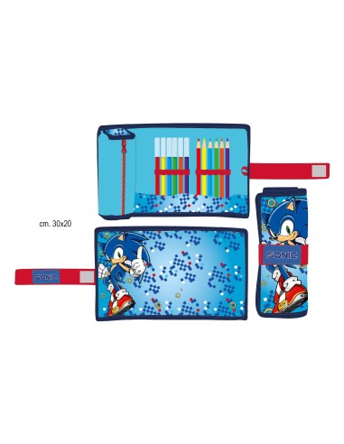 Astuccio roll con matite colorate e pennarelli - Sonic