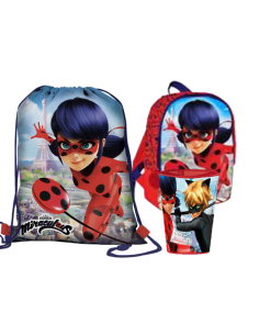Kit scuola completo con Zainetto asilo + Sacca nylon c/laccetti + Bicchiere + Tazza + Borraccia - Ladybug
