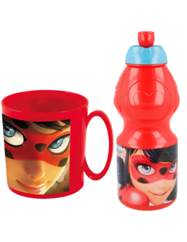 Kit scuola completo con Zainetto asilo + Sacca nylon c/laccetti + Bicchiere + Tazza + Borraccia - Ladybug