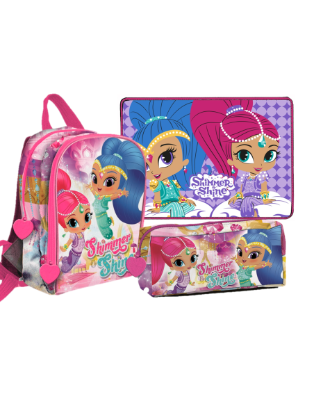 Kit scuola completo con Zainetto asilo + Sacca nylon + Tovaglietta americana cotone + Astuccio rettangolare - Shimmer & Shine