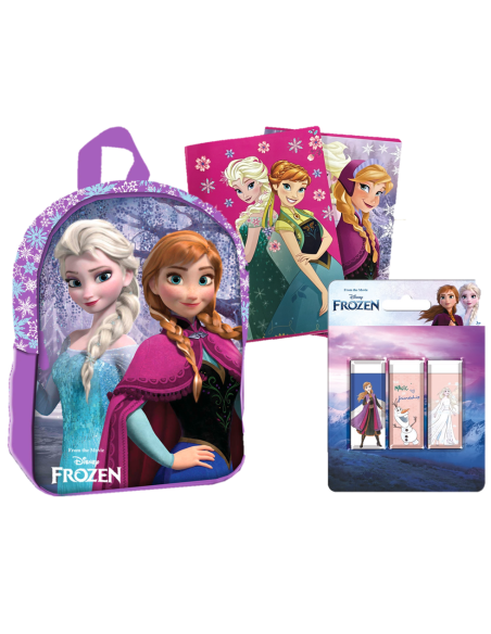 Kit scuola completo con Zainetto asilo + 2 quadernoni + 3 gomme + 2 matite con gomma + Borraccia plastica - Frozen