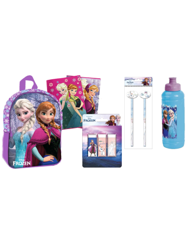 Kit scuola completo con Zainetto asilo + 2 quadernoni + 3 gomme + 2 matite con gomma + Borraccia plastica - Frozen